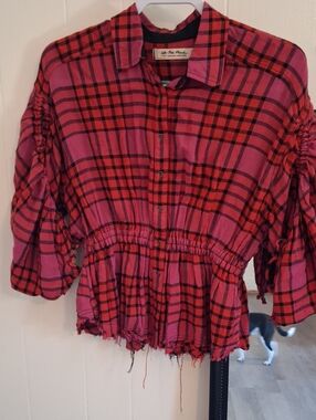We The Free Red/Pink Plaid Collared Snap-Front Peplum Top Adjustable Sleeves